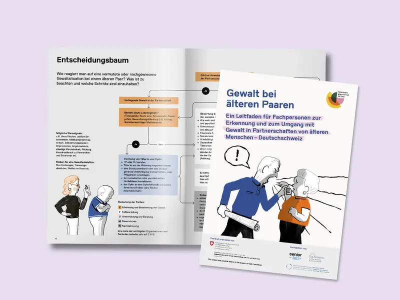 Leitfaden «Gewalt bei älteren Paaren» für Fachpersonen, aufgeschlagen und als Titelseite