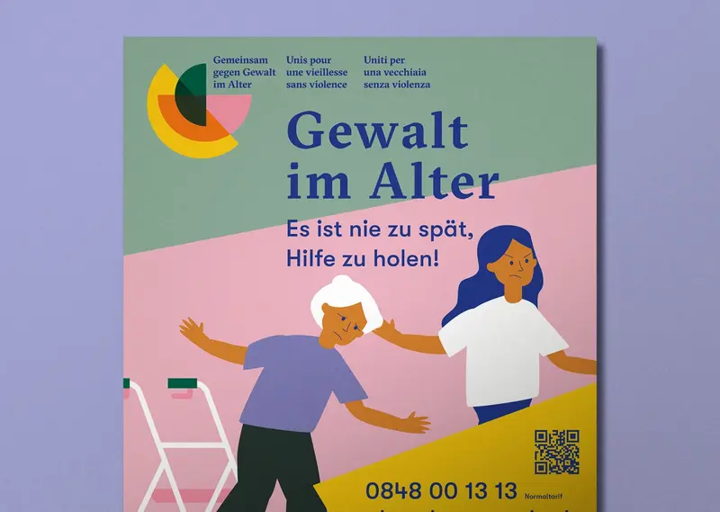 Kampagnenplakat «Gewalt im Alter – Es ist nie zu spät, Hilfe zu holen!» mit der Beratungsnummer 0848 00 13 13
