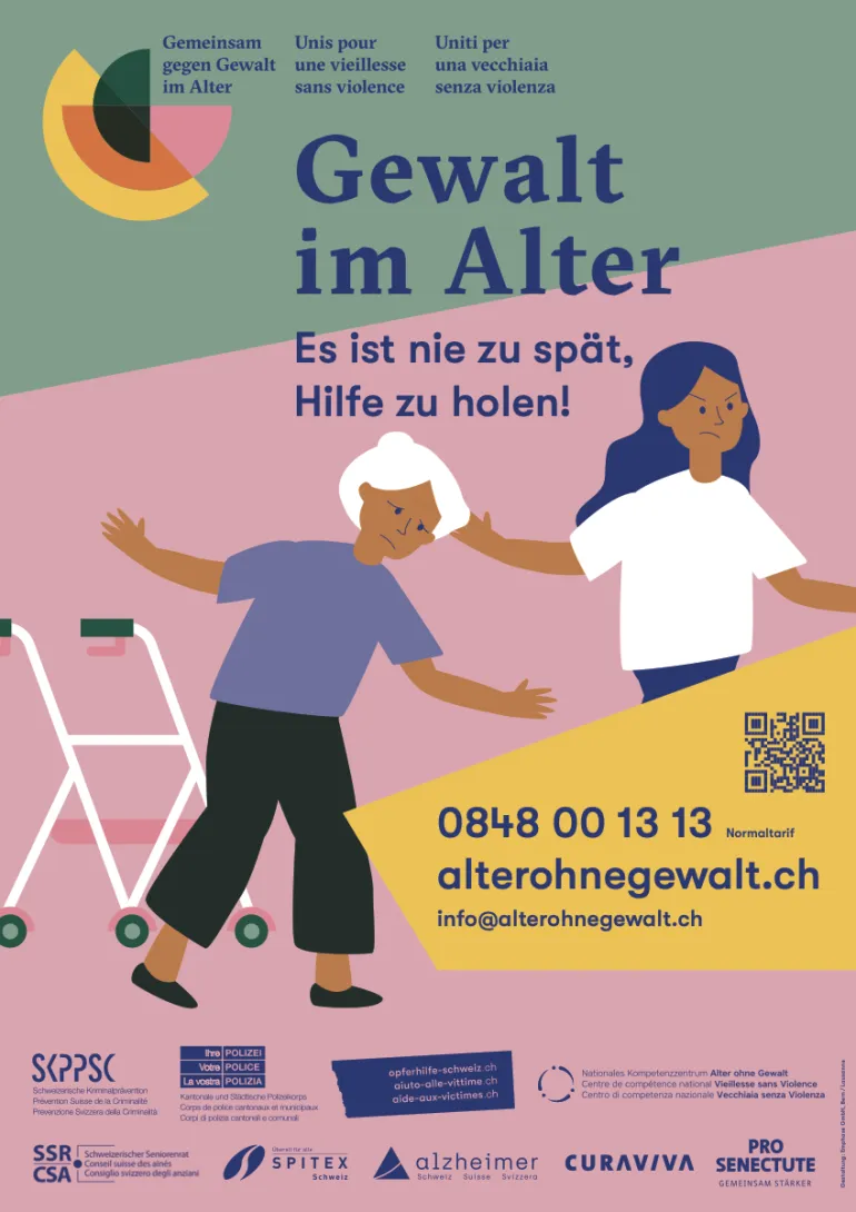 Plakat «Gewalt im Alter – Es ist nie zu spät, Hilfe zu holen!»: Eine jüngere Frau stösst eine ältere Frau wütend weg, die ältere Frau taumelt von ihrem Rollator weg. Darunter die Telefonnummer 0848 00 13 13.