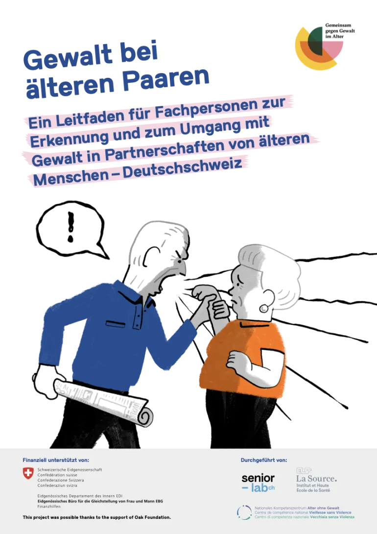 Titelseite des Leitfadens «Gewalt bei älteren Paaren»: Ein älterer Mann packt eine ältere Frau am Handgelenk und schreit sie an.
